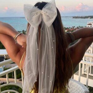 Sheer White Pearl Bow Hair Clip – Bridal & Vacation Ready! (Brand New)